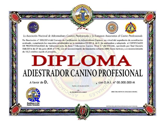 Modelo de Diploma de Adiestrador Canino Profesional certificado por la ANACP.