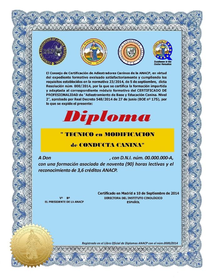 Modelo de Diploma certificado de Técnico en Modificación de Conducta Canina